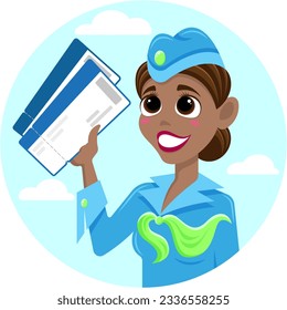 Smiling swarthy stewardess in blue uniform with tickets in hand for avatar or icon
