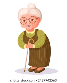 Smiling sweet old lady with gray hair, wearing big glasses and holding a cane. A cheerful and joyful old grandmother stands tall. Vector cartoon illustration isolated on white background.