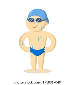 Smiling swimmer in a bathing suit, swimming cap, and goggles. Colorful flat vector illustration, isolated on white background.