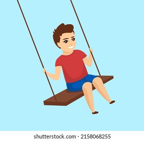Smiling swinging boy. Happy cute little male kid play swing. Vector eps illustration