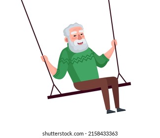Smiling swinging grandfather. Happy elderly male relaxing and riding on swing. Senior man have fun on children seesaw. Vector old grandpa feeling freedom and happiness eps illustration