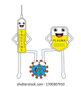 Smiling syringe with a vaccine and intravenous bag with plasma pinned down coronavirus by legs and put hands on hips in the victory pose. Vaccination and plasma infusion in the fight against COVID-19