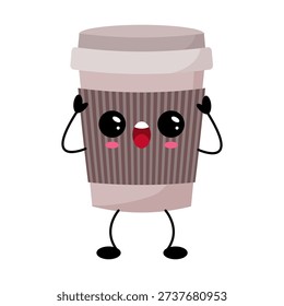 Smiling takeaway coffee cup character pixelated, blushing cheeks, tiny stick arms and legs, holding imaginary headphones near lid, upbeat playful mood, kawaii retro