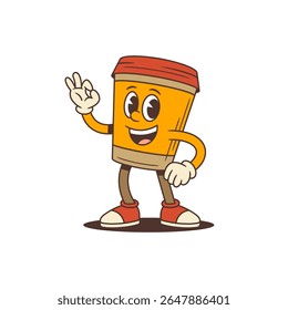 Smiling takeaway coffee cup mascot character showing OK gesture in old-school cartoon style. Ideal for cafe branding, packaging, social media content. Isolated and editable vector illustration