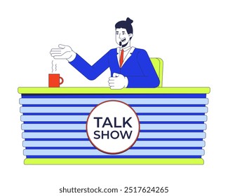 Smiling talk show host sitting at panel table 2D cartoon character. Television program presenter man with steaming mug isolated person flat vector on white background. Spot illustration colorful