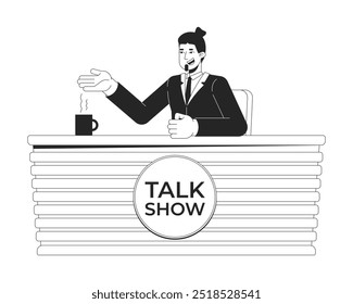 Sonriente presentador de talk show sentado en la mesa del panel negro y blanco personaje de línea 2D. Presentador de programa televisivo hombre con taza humeante persona de contorno de Vector aislado. Ilustración de punto monocromático