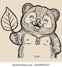 Smiling Tanuki with Leaf Sketch, Vintage Japanese Monochrome