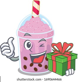 Smiling taro bubble tea cartoon character having a green gift box