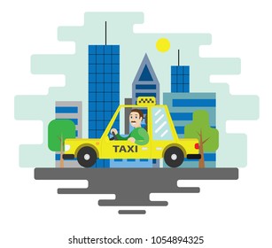 A smiling taxi driver in the car. A big city in the background.