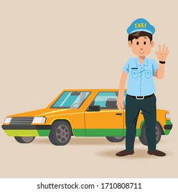 Un taxista sonriente cerca de su camión. Servicio de taxi. Ilustración vectorial en estilo plano.