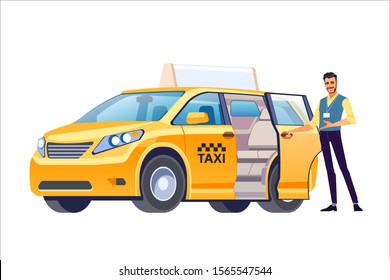 Smiling taxi driver opens the door of his car and invites passengers. City Taxi. Isolated vector illustration in cartoon, flat style.