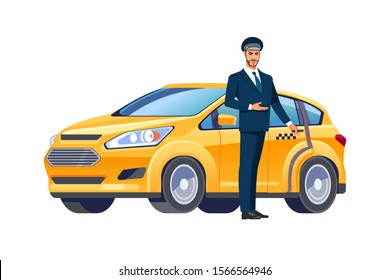 Smiling taxi driver in uniform near his car.Taxi service. Perspective view.  Vector illustration in cartoon flat style. 