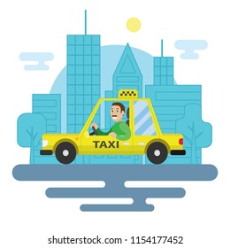 A smiling taxi driver in a yellow car. A big city in the background. Vector illustration in a flat style.