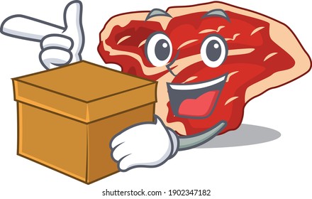 A smiling T-bone cartoon mascot style having a box. Vector illustration