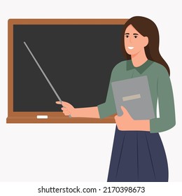 Smiling teacher at blackboard in classroom. Teacher with pointer, showing something on board. Vector illustration