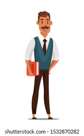Smiling teacher flat vector illustration  Young moustached man holding book cartoon character  Happy employee  standing manager  Office worker dressed in suit isolated white background