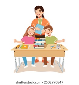 Smiling teacher with happy students at school desk in classroom. World Teachers' Day concept. Poster, Banner, Flyer, Greeting Card. Vector illustration in flat cartoon style