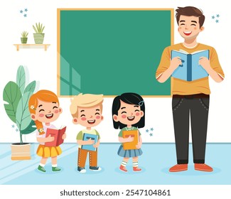 Smiling teacher man with happy international students in classroom. World Teachers' Day concept. Poster, Banner, Flyer, Greeting Card. Vector illustration in flat cartoon style