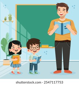 Smiling teacher man with happy international students in classroom. World Teachers' Day concept. Poster, Banner, Flyer, Greeting Card. Vector illustration in flat cartoon style