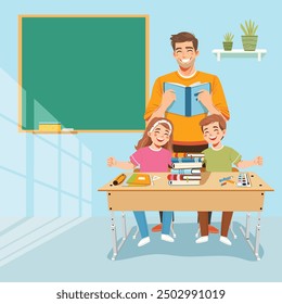 Smiling teacher man with happy students at school desk in classroom. World Teachers' Day concept. Poster, Banner, Flyer, Greeting Card. Vector illustration in flat cartoon style