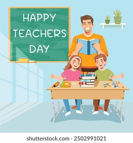 Smiling teacher man with happy students at school desk in classroom. World Teachers' Day concept. Poster, Banner, Flyer, Greeting Card. Vector illustration in flat cartoon style