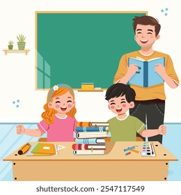 Homem professor sorridente com alunos felizes na carteira da escola na sala de aula. Conceito do Dia Mundial do Professor. Cartaz, Faixa, Panfleto, Cartão de Saudação. Ilustração vetorial em estilo de desenho animado plano