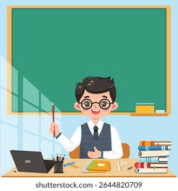 Smiling teacher man sitting at the school table in the classroom on blue background. Teachers' Day, Education concept. Poster, Banner, Flyer, Template. Vector illustration in flat cartoon style