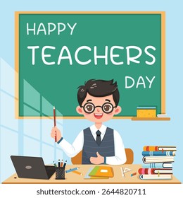 Smiling teacher man sitting at the school table in the classroom on blue background. Teachers' Day, Education concept. Poster, Banner, Flyer, Template. Vector illustration in flat cartoon style