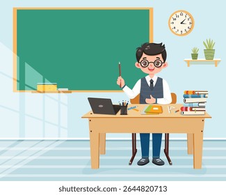 Smiling teacher man sitting at the school table in the classroom on blue background. Teachers' Day, Education concept. Poster, Banner, Flyer, Template. Vector illustration in flat cartoon style