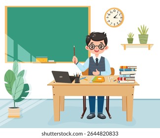 Smiling teacher man sitting at the school table in the classroom on white background. Teachers' Day, Education concept. Poster, Banner, Flyer, Template. Vector illustration in flat cartoon style