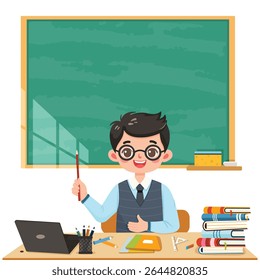 Smiling teacher man sitting at the school table in the classroom on white background. Teachers' Day, Education concept. Poster, Banner, Flyer, Template. Vector illustration in flat cartoon style