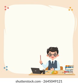 Smiling teacher man sitting at the school table with laptop on light background. Teachers' Day, Education concept. Poster, Banner, Flyer, Template. Vector illustration in flat cartoon style