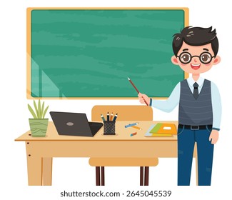 Smiling teacher man stands in front of the table in the classroom on white background. Teachers' Day, Education concept. Poster, Banner, Flyer, Template. Vector illustration in flat cartoon style