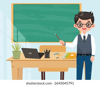 Smiling teacher man stands in front of the table in the classroom on blue background. Teachers' Day, Education concept. Poster, Banner, Flyer, Template. Vector illustration in flat cartoon style