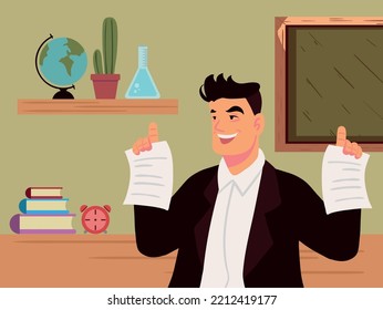 profesor sonriente con papeles, de vuelta a la escuela