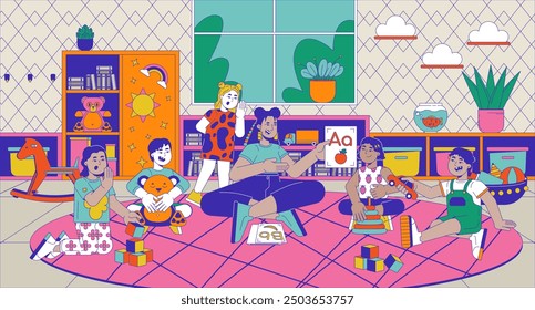 Smiling teacher playing with little children in kindergarten cartoon flat illustration. Woman teaching toddlers in daycare 2D characters colorful background. Nursery scene vector storytelling image
