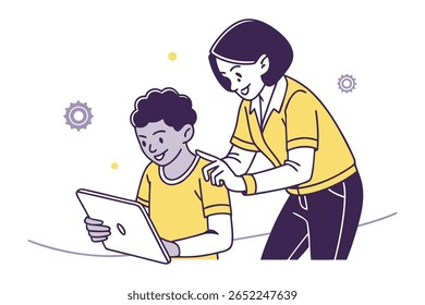 A smiling teacher points to a tablet screen while a young boy looks at it, symbolizing mentorship, education, and the use of technology.