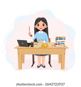 Smiling teacher sitting at the school table with laptop and books on white background. Teachers' Day, Education concept. Poster, Banner, Flyer, Template. Vector illustration in flat cartoon style
