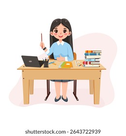 Smiling teacher sitting at the school table with laptop and books on white background. Teachers' Day, Education concept. Poster, Banner, Flyer, Template. Vector illustration in flat cartoon style