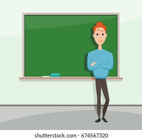 Smiling teacher standing in front of blackboard Teacher teaching student in classroom at school, college or university.