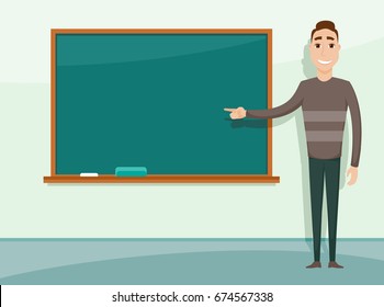 Smiling teacher standing in front of blackboard. Teacher teaching student in classroom at school, college or university.