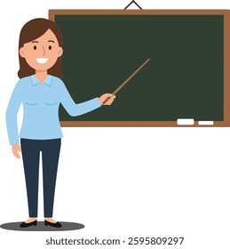 A smiling teacher stands confidently beside a blackboard, holding a pointer, creating an engaging learning atmosphere in a bright and welcoming classroom.