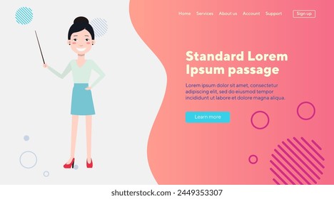Smiling teacher using pointer to show something to students. Flat vector illustration. Young Asian woman making presentation. Education, studying, learning, coaching concept for web design or banner