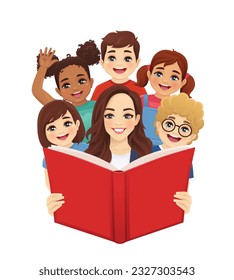 Smiling teacher woman with cute children kids reading big book together isolated vector illustration