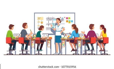 Smiling teacher woman giving task to students studying and working on laptops in modern technology class room with desk and whiteboard. University lecture hall interior. Flat vector illustration