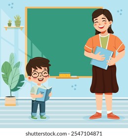 Smiling teacher woman with happy boy student in classroom. World Teachers' Day concept. Poster, Banner, Flyer, Greeting Card. Vector illustration in flat cartoon style