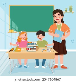 Mulher professora sorridente com estudantes internacionais felizes na mesa da escola na sala de aula. Conceito do Dia Mundial do Professor. Cartaz, Faixa, Panfleto, Cartão de Saudação. Ilustração vetorial em estilo de desenho animado plano