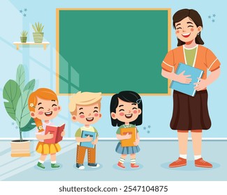 Smiling teacher woman with happy international students in classroom. World Teachers' Day concept. Poster, Banner, Flyer, Greeting Card. Vector illustration in flat cartoon style