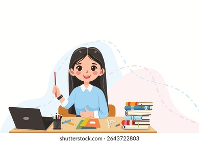 Smiling teacher woman sitting at the school table in the classroom on white background. Teachers' Day, Education concept. Poster, Banner, Flyer, Template. Vector illustration in flat cartoon style
