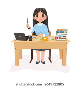 Smiling teacher woman sitting at the school table in the classroom on white background. Teachers' Day, Education concept. Poster, Banner, Flyer, Template. Vector illustration in flat cartoon style